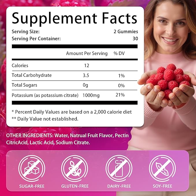 Potassium Citrate Gummies 1000mg, Chewable Potassium Citrate Supplement for Kids & Adults, Support Leg Cramps & Muscle Health, Sugar Free, Vegan, Raspberry Flavor (60Count)