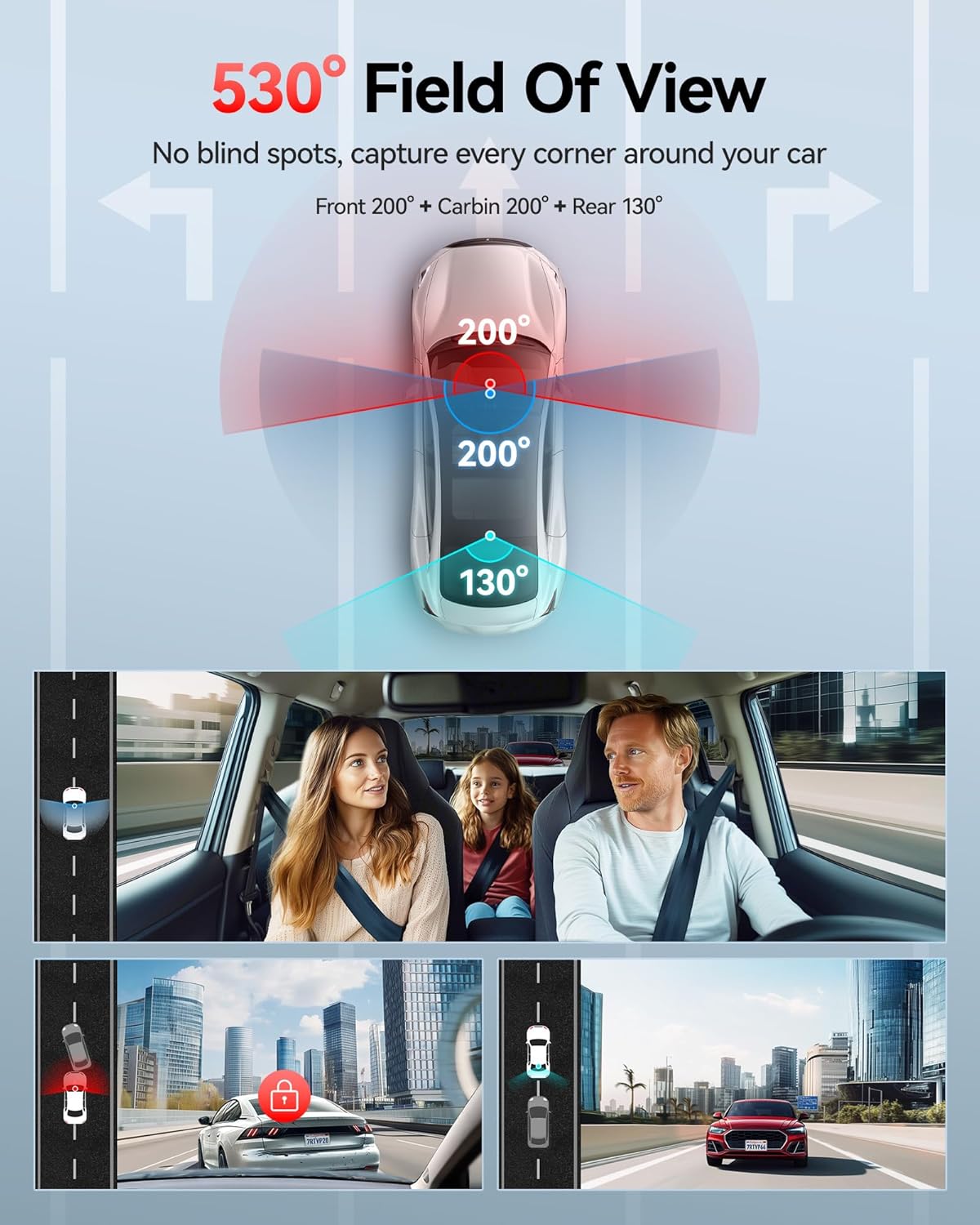 REDTIGER 530° Dash Cam 3 Channel, 2.5K+2.5K+1080P Triple Car Camera with 128GB Card, IR Night Vision, Touch Screen, Dashcam for Front Inside Rear Included WiFi GPS, 24H Parking Mode