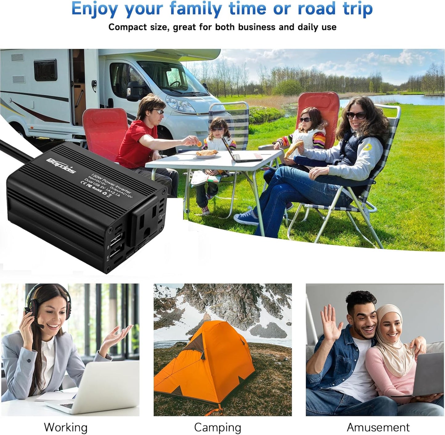 150W Car Power Inverter DC 12V to 110V AC Car Adapter for Plug Outlet with 3.1A Dual USB Car Charger for Laptop Computer-Black