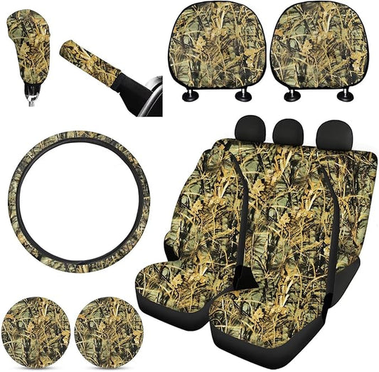 FKELYI Universal Car Seat Covers - Full Set for front, rear & gear shift - Camo Seat Protector Accessories with Steering Wheel, Cup Coasters & Headrest Covers