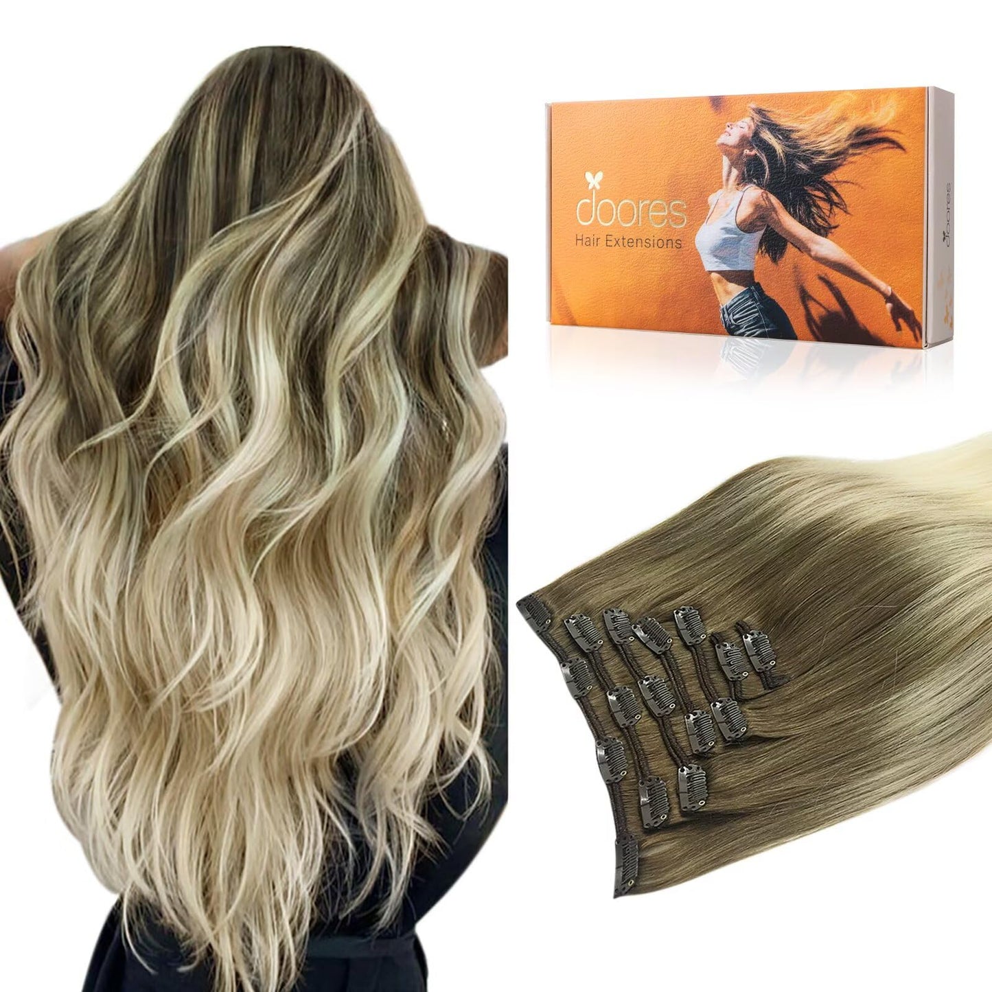 Doores Human Hair Extensions, Ash Brown To Platinum Blonde 24 Inch 7Pcs 120G, Remy Hair Extensions Clip In Human Hair Extensions
