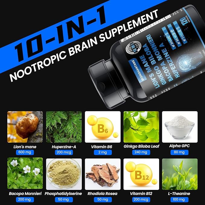 Lion's Mane Supplement Capsules ＆ Bacopa Monnieri-120 Capsules Lion's Mane Mushroom Blend, 10 in 1 for Enhanced Memory, Focus, and Brain Support