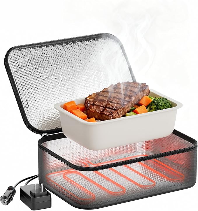 Portable Food Warmer - Heated Lunch Box for Adluts - Electric Thermal Lunch Bag with Buckle Handle, Heating Food Warmer Bags for 12V/24V Car & Truck, 110V/220V Home/Office, Astral
