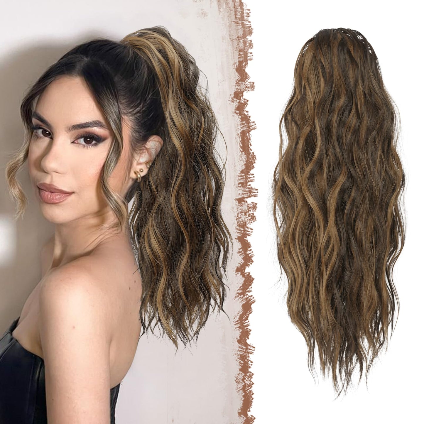 Feshfen Ponytail Extensions, Drawstring Ponytails Hair Extension Black Brown Mix Golden Blond Long Curly Wavy Hair Piece Synthet