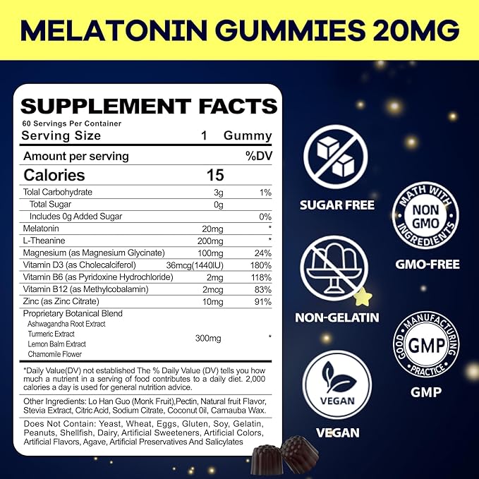 Melatonin 20mg Gummies for Women Men: Sugar Free Melatonin Supplement Extra Strength with Ashwagandha L-Theanine Magnesium Turmeric Vitamin D3 & B6 &B12 - Non-Habit Forming(120Count)