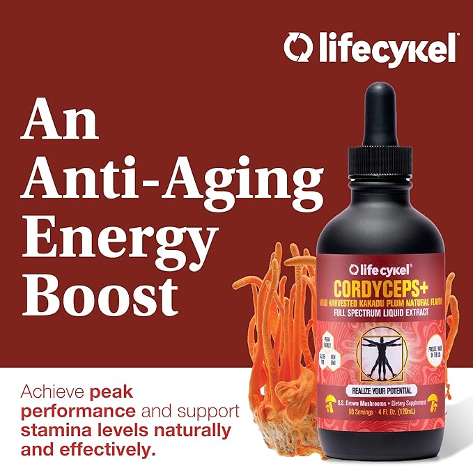 Lifecykel Cordyceps Mushroom Extract w/Kakadu Plum- Natural Energy Supplement for Fatigue & Stamina- Mycelium Vitamin C Antioxidants Non-GMO Organic Mushrooms Made in US, 2 Fl oz (Packaging May Vary)