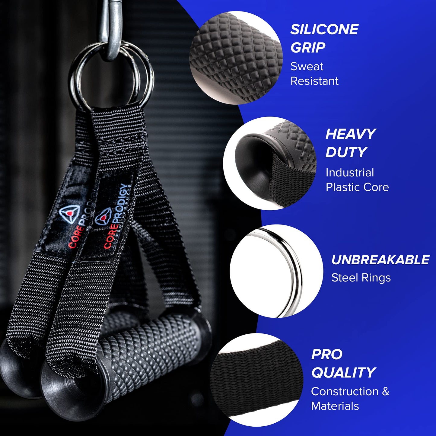 Core Prodigy Heavy Duty Exercise Handles - Grip Attachments for Cable Machine Pulleys, Gym Equipment, Resistance Bands, and Weight Lifting (Standard)