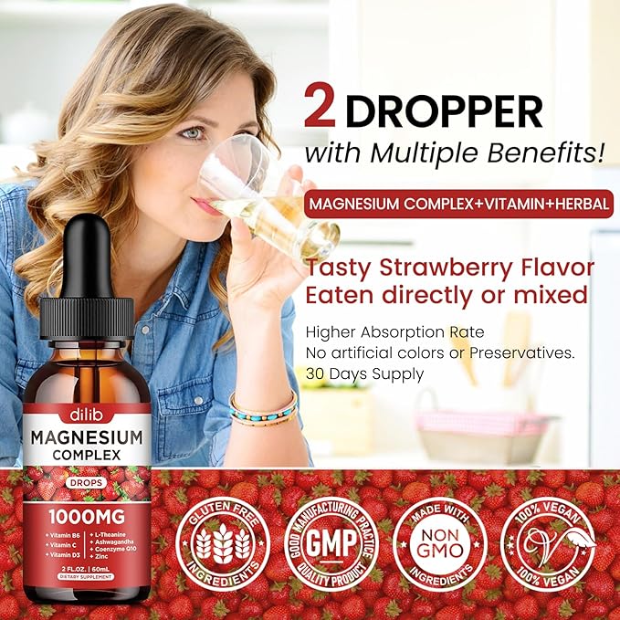 Triple Magnesium Complex Supplement, Magnesium Glycinate, Blend, Citrate Liquid Drops 1000mg with Ashwagandha, CoQ10, Vitamin B6, C, D, Zinc -Support Calm Stress Relief, Bone, Muscle, Mood 2 Pack