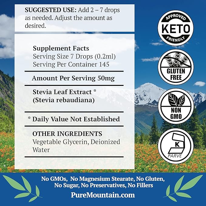Pure Mountain Botanicals Liquid Stevia Drops - Natural Sweetener - Concentrated Sugar Free Substitute Diabetic Friendly Ideal for Keto Low Carb and Vegan Diet Great Addition to Weight Loss Program