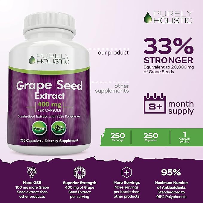 Purely Holistic Grape Seed Extract 400mg + Tart Cherry Extract and Celery Seed Bundle - 430 Vegan Capsules - Made in USA