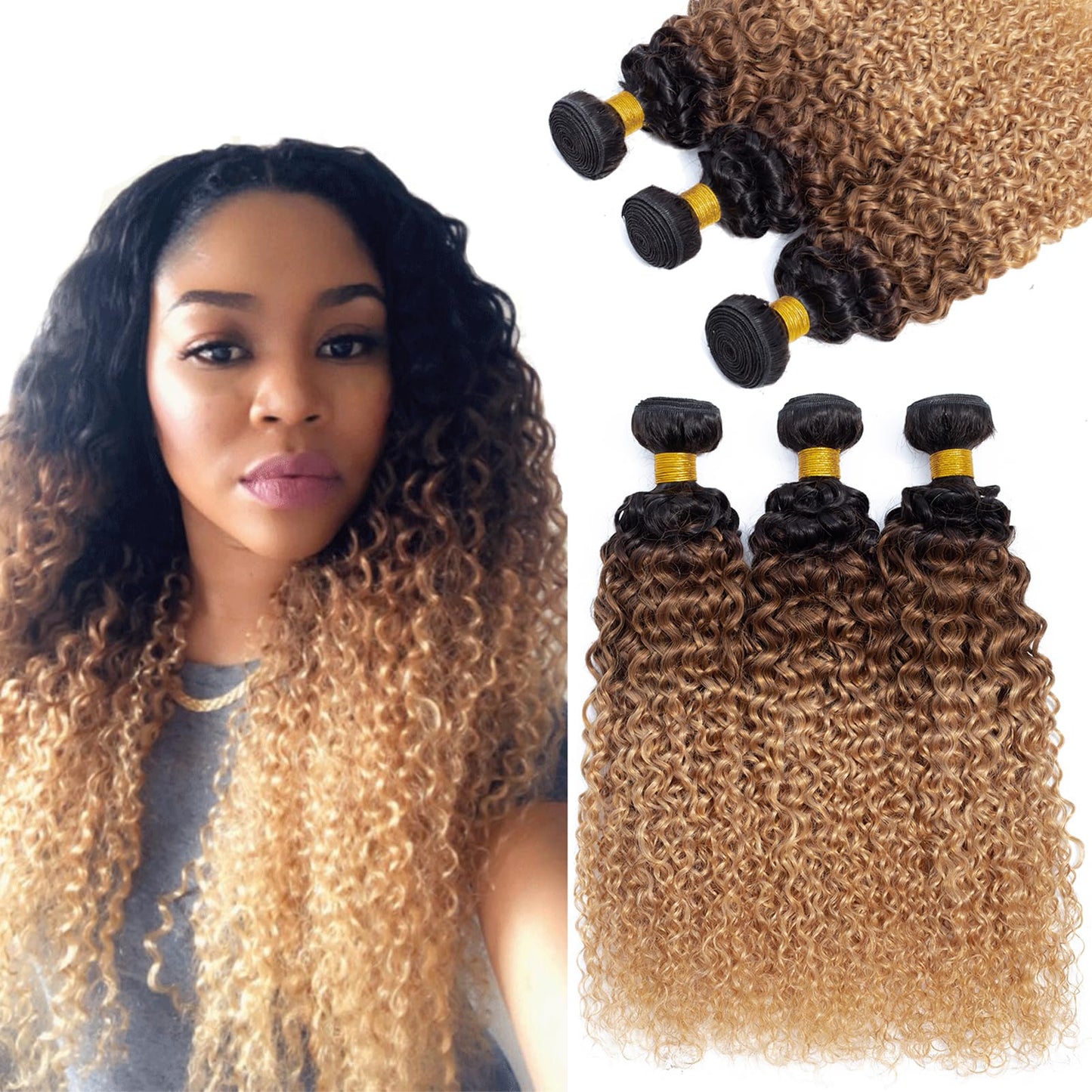 12A Ombre Bundles Human Hair (T1B/30/27,18'' 20'' 22'') Ombre Curly 3 Bundles Human Hair 100% Unprocessed Virgin Brazilian Ombre