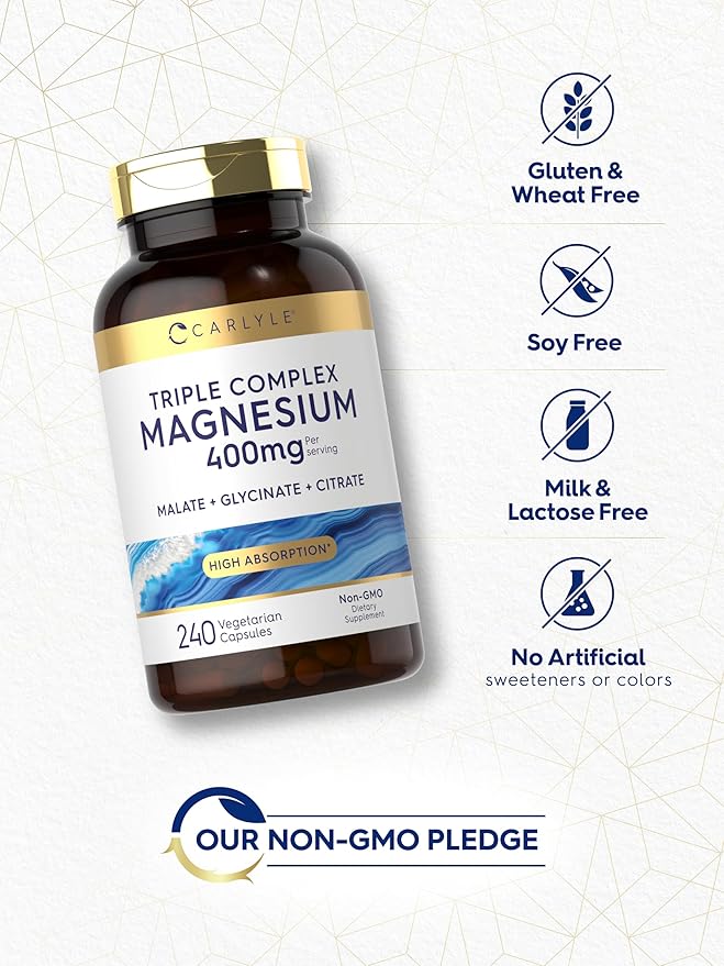 Carlyle Triple Magnesium Complex | 400 mg | 240 Capsules | Magnesium Malate, Glycinate & Citrate | Vegetarian, Non-GMO, and Gluten Free Supplement