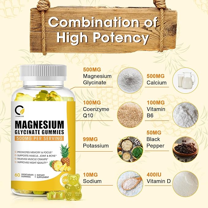 (2 Pack) Magnesium Glycinate Gummies, High-Absorption Magnesium Supplement with Calcium & Vitamins, Support Bone, Muscle, Night, Memory & Mood, Vegan, Non-GMO, 60 Counts, Pineapple Flavor