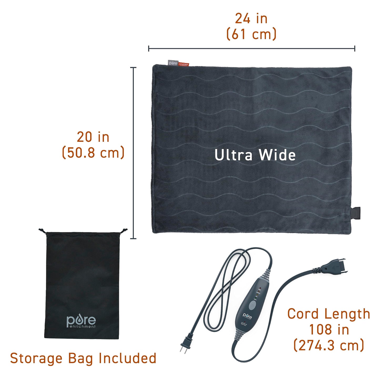 Pure Enrichment PureRelief Pro Far Infrared XL Heating Pad - Muscle Relief for Back, Neck, Shoulder, & Knee Pain in Athletes, 4 Heat Settings, Dry/Moist Heat, 12” x 24” Extra-Long Size (Iron Gray)