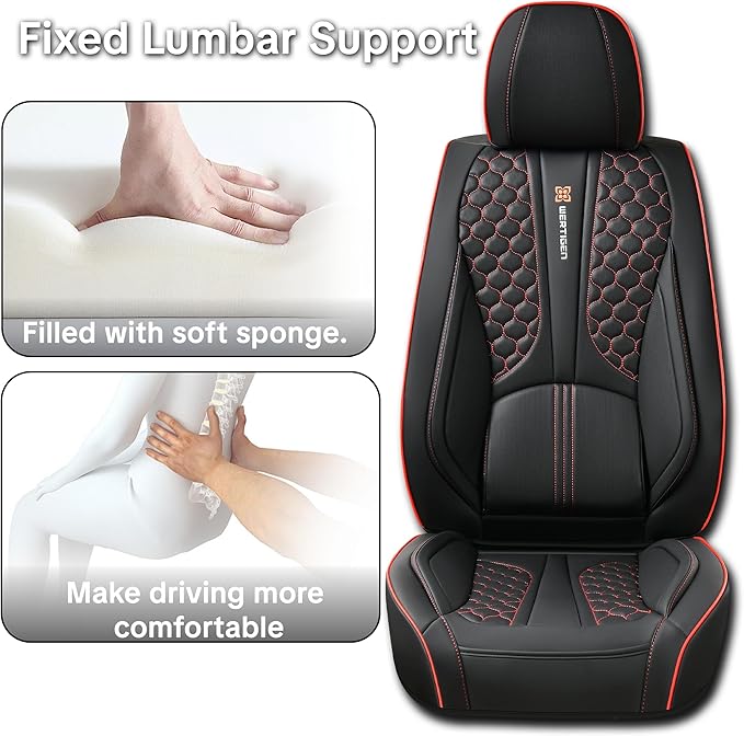 Universal Car Seat Covers, Black with Red Trim, Premium Nappa Leather, with Lumbar Support, Waterproof, Full Set, Non-Slip, Contoured Fit, Airbag Compatible, Fits Suvs, Sedans, Pickup Trucks