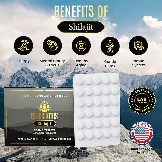 Resin Tablets, 60 Count, 200mg Each, 100% Pure Natural Shilajit for Men & Women with Amino Acids, 140mg Fulvic Acid, 85 Ionic Trace Minerals, for Immune Support, Focus, Energy