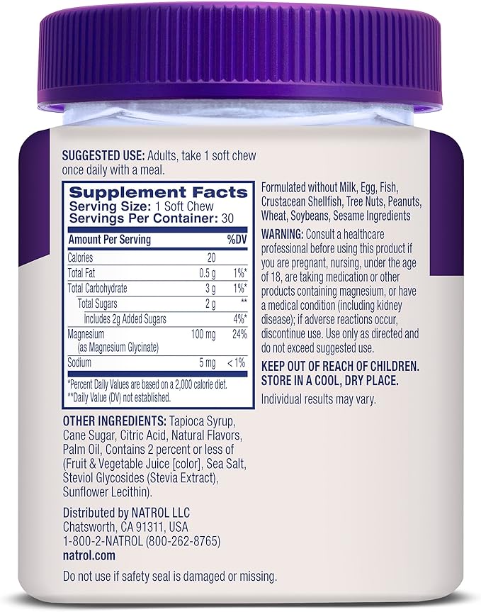 Natrol Magnesium Glycinate Supplements 100mg, Cherry Lemon Soft Chews for Healthy Sleep and Body, Magnesium Glycinate 100mg, Up to a 30 Day Supply