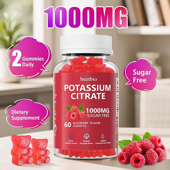 Potassium Citrate Gummies 1000mg, Chewable Potassium Citrate Supplement for Kids & Adults, Support Leg Cramps & Muscle Health, Sugar Free, Vegan, Raspberry Flavor (60Count)