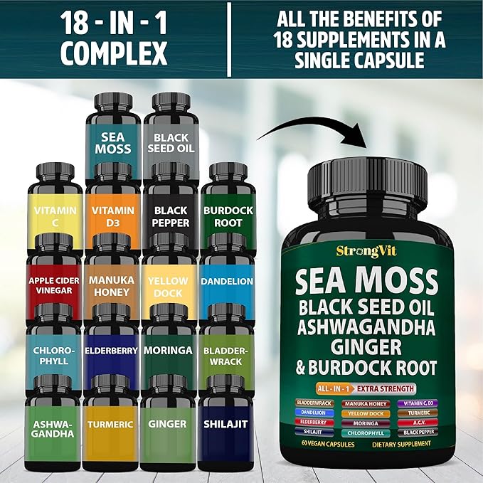 Sea Moss Black Seed Oil Ashwagandha Ginger, Organic Sea Moss Capsules with Burdock Root, Irish Seamoss Pills with Bladderwrack, Turmeric, Shilajit, Multimineral Supplement, USA