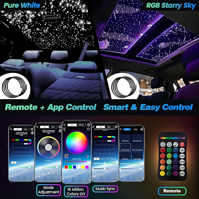 Starlight Headliner Kit Split Starlight Headliner 16W 600 Easiest Install Ambient Lighting Car Truck Home Theaters Lighting RGBW Twinkle 0.03in*9.8ft Starlights Headliner Kit