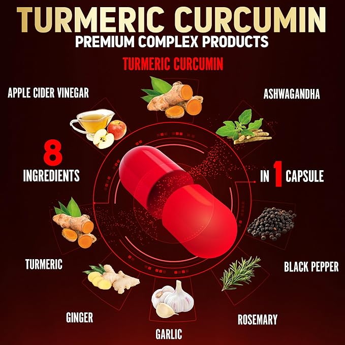 7 in 1 Turmeric Curcumin + Apple Cider Vinegar Capsules, 3 Month Supply with Ashwagandha, Ginger, Garlic Bulb, 95% Standardized Curcuminoids, Joint & Absorption Support