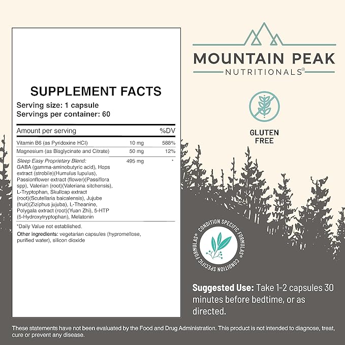 Mountain Peak Nutritionals Sleep Easy - Sleep Support Supplement Promoting A Relaxed & Calm Mood - 5-HTP, Amino Acids, Melatonin, & Magnesium - Hypoallergenic Dietary Supplement (60 Capsules)