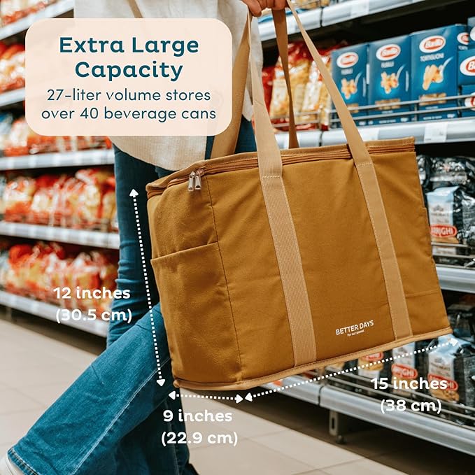Reusable Insulated Grocery Bag - Canvas, Leak Proof, X Large Cooler Bag, Insulated Shopping Bags for Groceries, Travel Cooler Bag for Frozen and Hot Food with Zippered Top (Cream Brown)