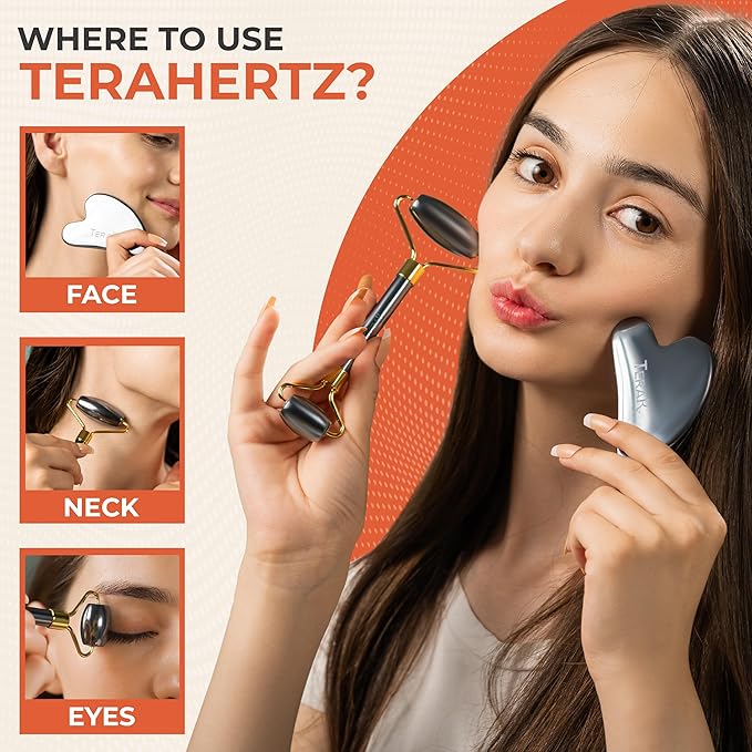 Terahertz Gua Sha & Facial Roller Set – 100% Authentic Terahertz Stone Face Roller to Reduce Puffiness, Improve Wrinkle Lines & Relieve Facial Tension – Perfect for Eye Massage and Relaxation