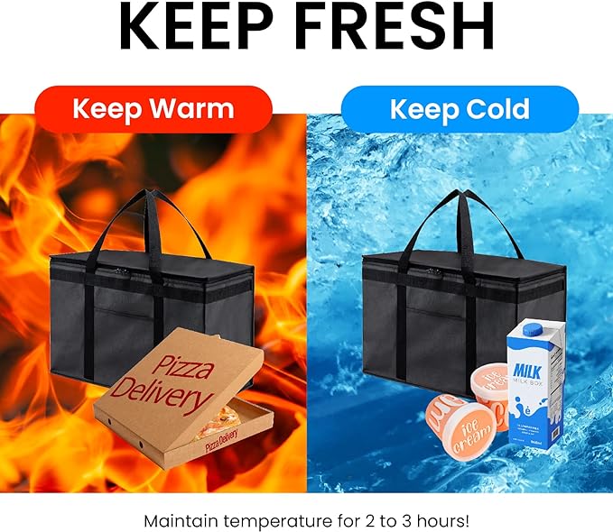 NZ home Insulated Bags for Food Delivery (2XL) Grocery Shopping Cooler Bag, Pizza Delivery, Hot & Cold Catering Tote, Reusable, Foldable & Heavy Duty (Gray)