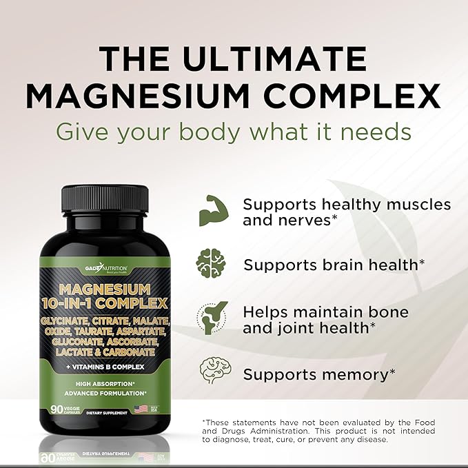 Gade Nutrition Magnesium Complex 10 in 1 with Magnesium Glycinate, Citrate, Malate, Oxide, Taurate, Aspartate, Gluconate Ascorbate Lactate Carbonate Zinc Copper Manganese & Vitamin C B1 B2 B6
