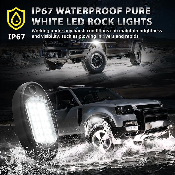 16 Pods Pure White LED Rock Lights with Extension Wires, IP67 Waterproof 6500K Super Bright White Underglow Kit for Semi Truck Sedans Trailer Offroad Pickup RV Underbody Under Car Lighting