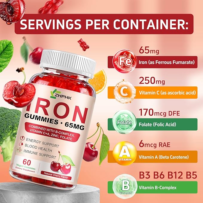 Iron Supplement for Women, Men & Kids, Iron 65mg & Vitamin C 250mg per Serving with B6 B12 Folate- Energy Support for Iron Deficiency, Anemia, Vegan Gummy Cherry Flavor, 60 Count