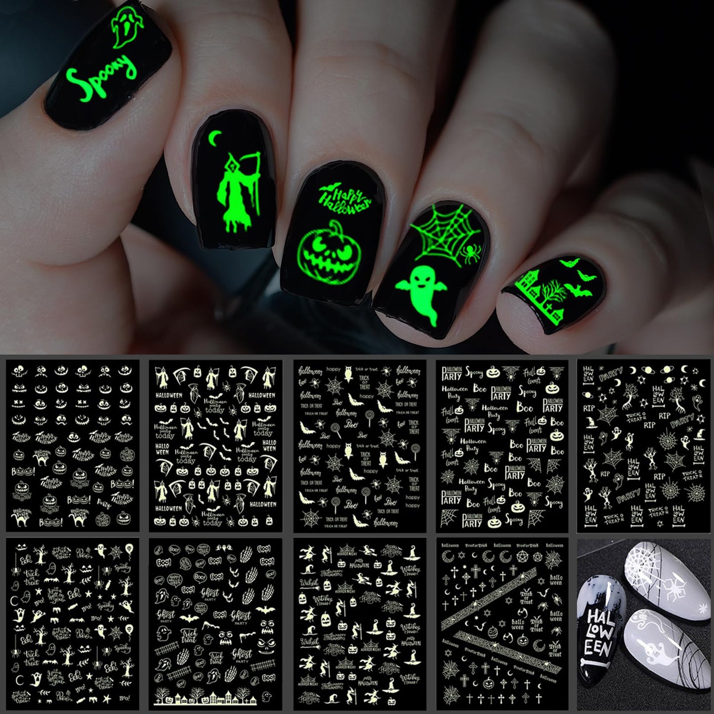 Tailaimei 15 Sheets Halloween Nail Stickers Glow In The Dark, Fluorescent Design Nail Decals, Self-Adhesive Diy Nail Art Tips Fo