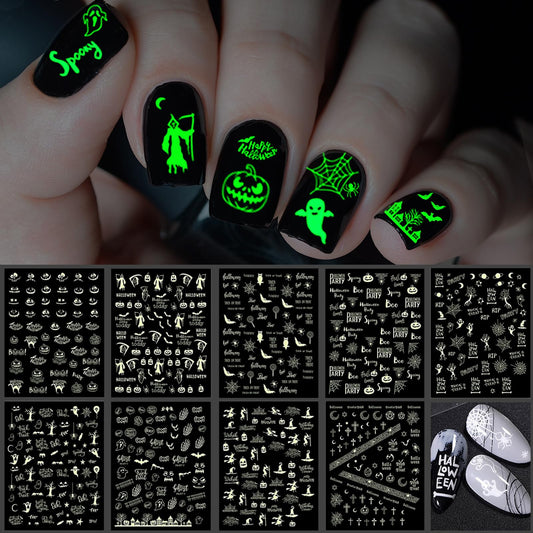 Tailaimei 15 Sheets Halloween Nail Stickers Glow In The Dark, Fluorescent Design Nail Decals, Self-Adhesive Diy Nail Art Tips Fo