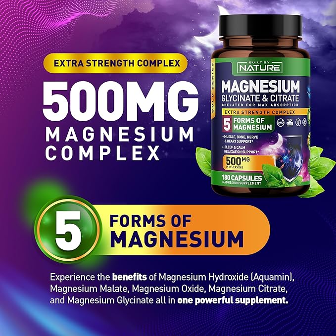 Magnesium Complex 500mg - 5 Forms of Magnesium Glycinate, Citrate, Malate, Oxide & Aquamin with 72 Trace Minerals - Chelated for Absorption - Supplement for Muscle, Nerve, Heart & Sleep (180 Capsules)