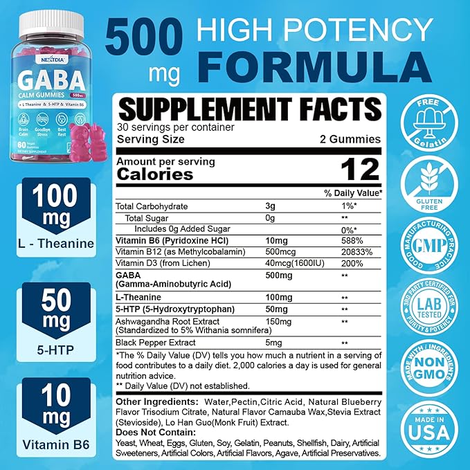 GABA Gummies 500 mg - Sugar-Free Calm Gummies with L Theanine, 5-HTP, Vitamins D3, B12, Ashwagandha, Melatonin-Free for Brain Calm, Mood, Zzz Better, GABA Supplement for Adult, Blueberry Flavor, Vegan