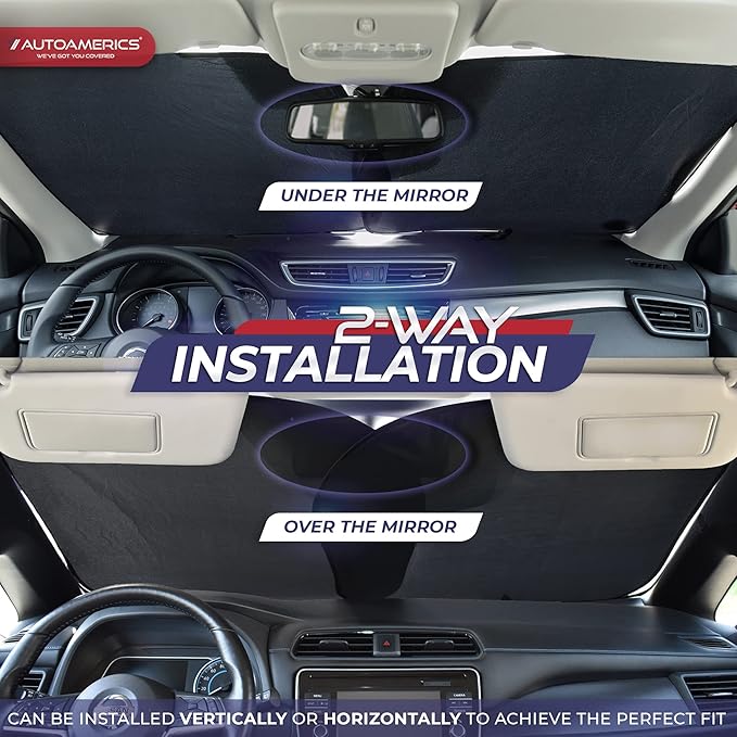Autoamerics 2-Piece Windshield Sun Shade - Foldable Car Front Window Sunshade for Most Compact Sports Cars - Auto Sun Blocker Visor Protector Blocks 99% UV Rays and Keeps Your Vehicle Cool - Small Fit