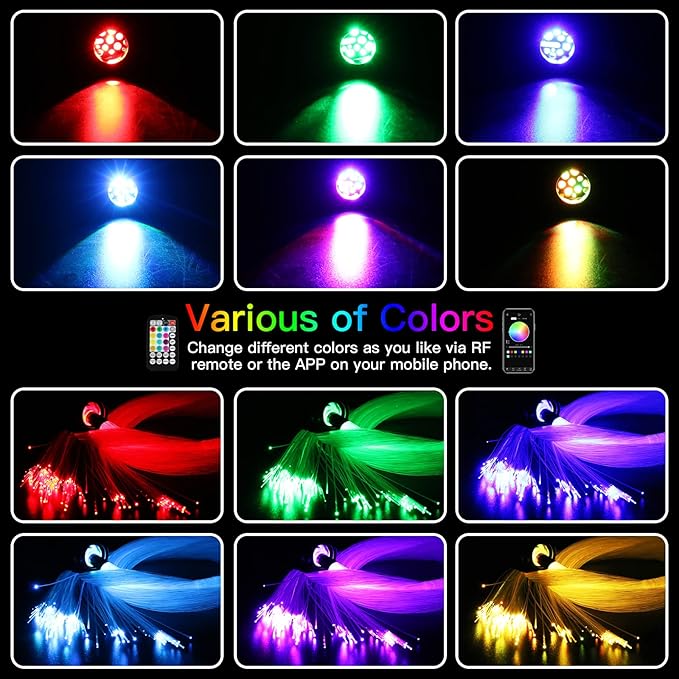 AMKI Updated 16W RGBW Fiber Optic Light Twinkle+Sound Activated Mixed 430pcs 9.8ft Cables APP Remote Music Control Car Home Starlight Headliner Star Ceiling Light Kit 0.03in 0.04in 0.06in Strands