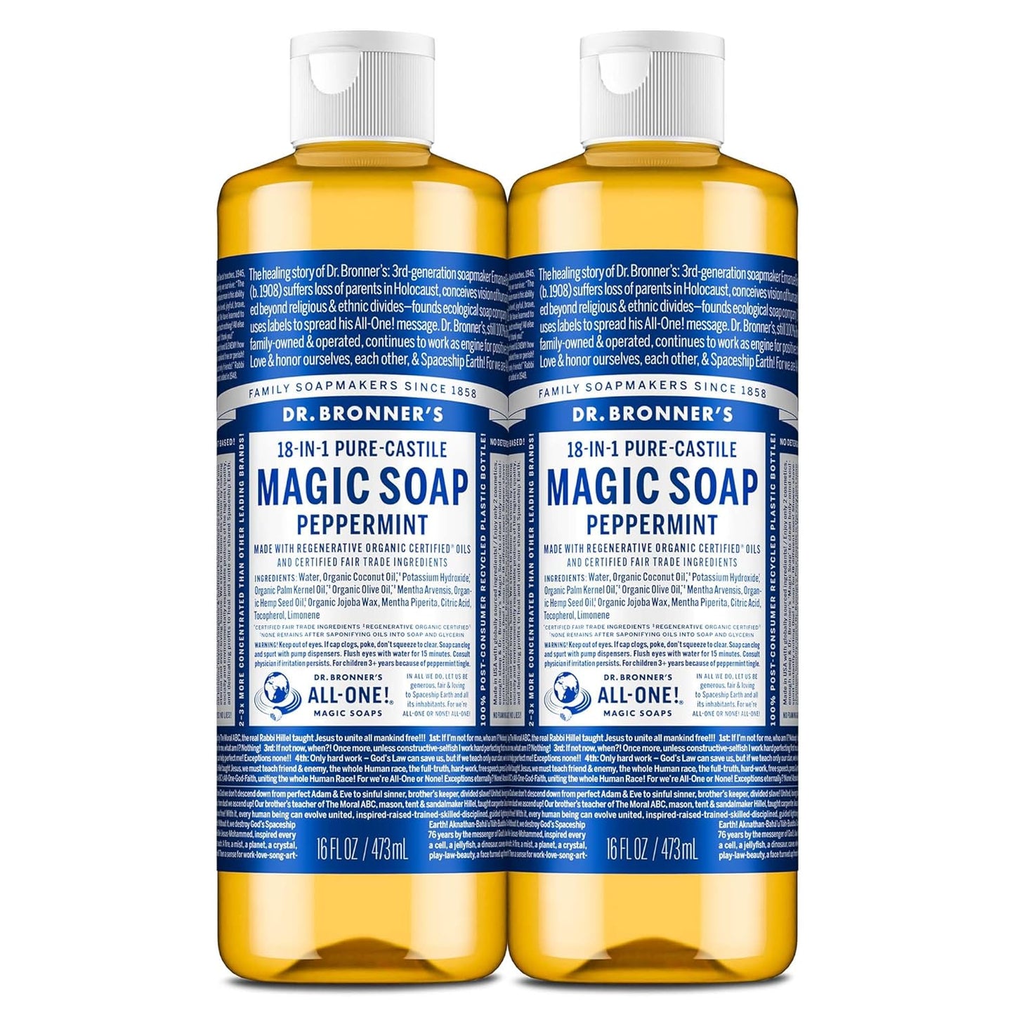 Dr. Bronner's Peppermint Pure-Castile Liquid Soap | 16 Oz | 2-Pack | Vegan & Organic