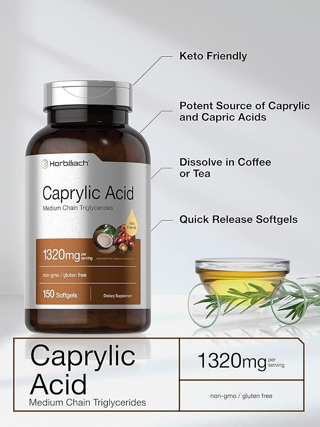 Horbaach Caprylic Acid 1320mg Supplement | 150 Softgel Capsules | from MCT Oil | Non-GMO & Gluten Free