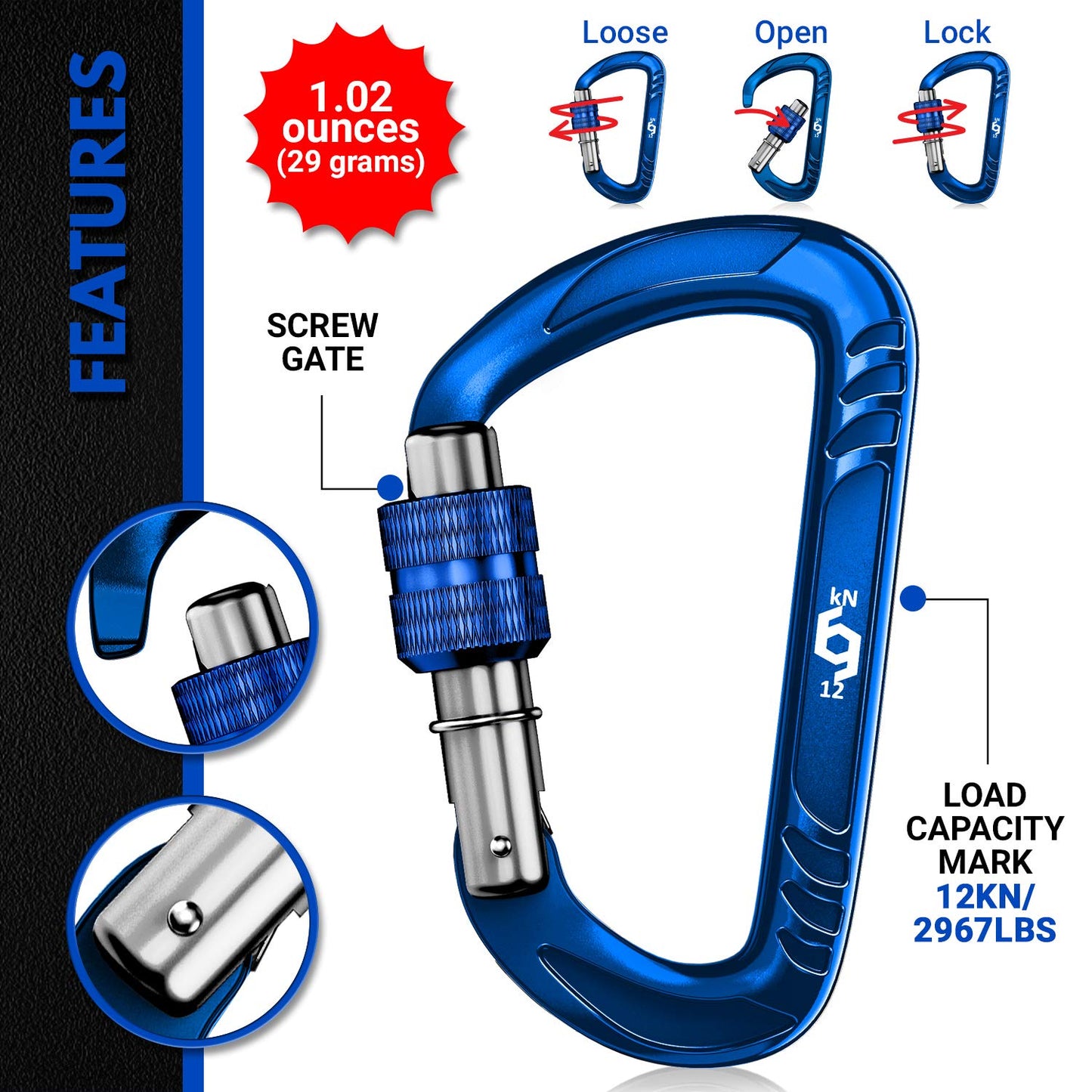 RHINO Produxs 2PCS of 12kN (2697 lbs) Heavy Duty Lightweight Locking Carabiner Clips - Excellent for Securing Pets, Outdoor, Camping, Hiking, Hammock, Dog Leash Harness, Keychains, Water Bottle