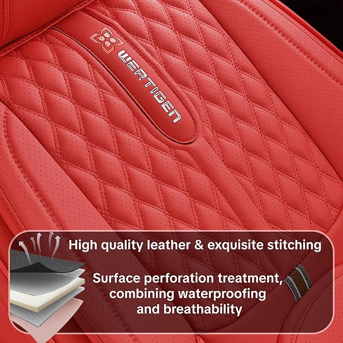 Car Seat Cover Set, Red Seat Covers, Automotive Interior Accessories, with Lumbar Support, Premium Nappa Leather, Waterproof, Protects and Upgrades Your Car Interior, Fits Most Vehicles