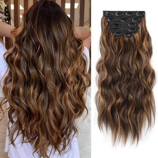 Vigorous Clip In Hair Extensions 20Inch Hair Extensions Clip Ins 6Pcs Long Wavy Hairpieces(Caraamel Brown & Dark Roasted Coffee)