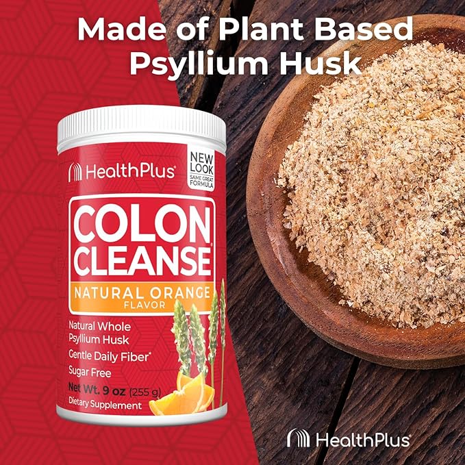 Health Plus Colon Cleanse Digestive Support | No Artificial Flavors | Daily Fiber for Toxin Elimination To Reduce Bloating | Psyllium Husk | Orange Flavor | 9 Ounces, 36 Servings