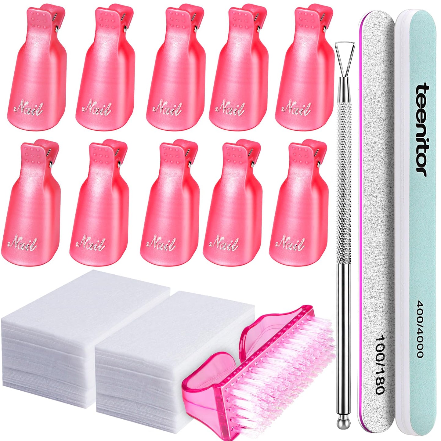 Teenitor Nail Gel Remover Tools Kit With Pink Polish Remover Clips, Cuticle Peeler Scraper, Gel Nail Brush, 115 Pack Nail Wipe C
