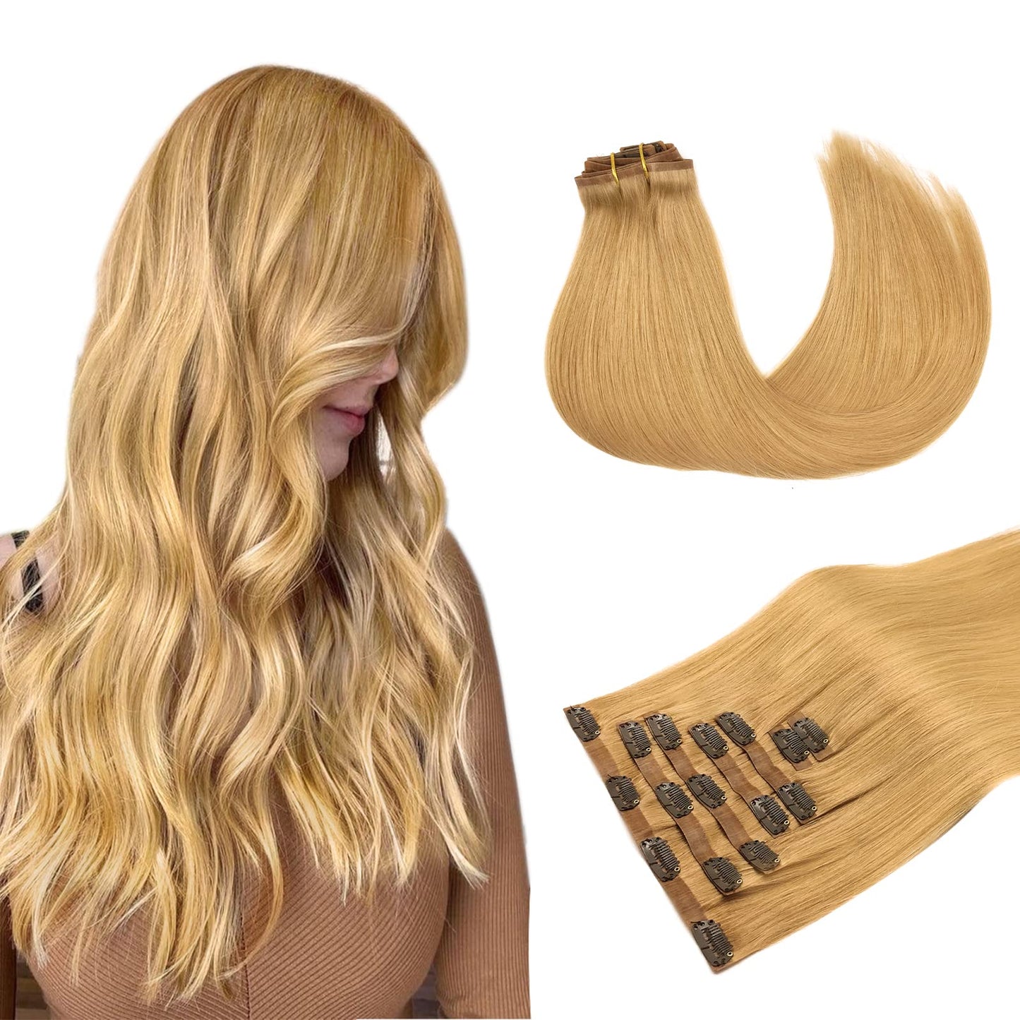 Maxita Human Hair Clip In Extensions, Dirty Blonde 110G 7Pcs 20 Inch Seamless Clip In Hair Extensions Human Hair Clip In Extensi