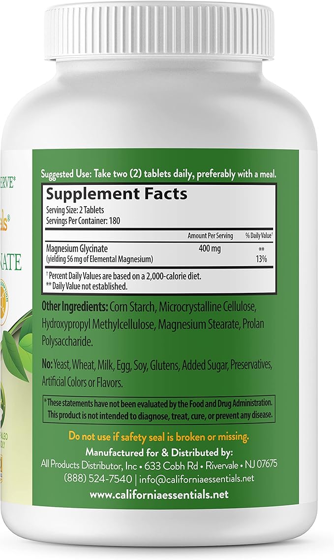 California Essentials Magnesium Glycinate 400 - Chelated, High Absorption Elemental Magnesium for Muscle Relief, Bone & Heart Support -Vegan, Non-GMO, Gluten-Free (360 Counts (Pack of 1))