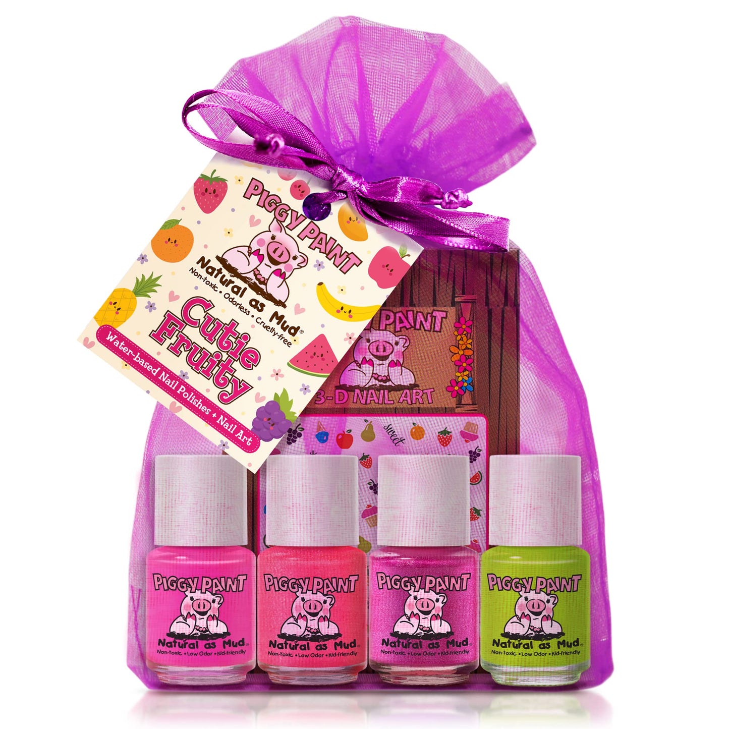 Piggy Paint | 100% Non-Toxic Girls Nail Polish | Safe, Cruelty-Free, Vegan, & Low Odor For Kids | Cutie Fruity (4 Polish + Nail