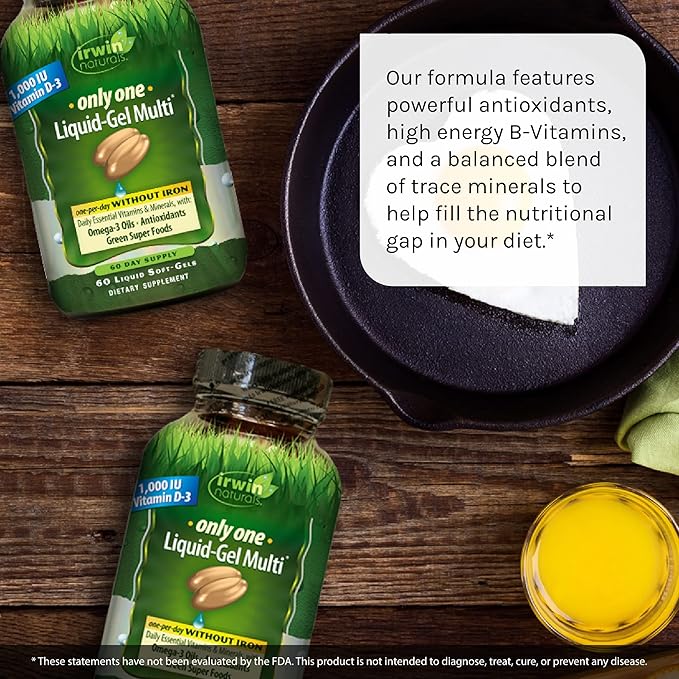 Irwin Naturals Only One Liquid-Gel Multi - 60 Liquid Softgels - No Iron Daily Essential Vitamins, Minerals, Antioxidants, Omega-3 & Green Super Foods