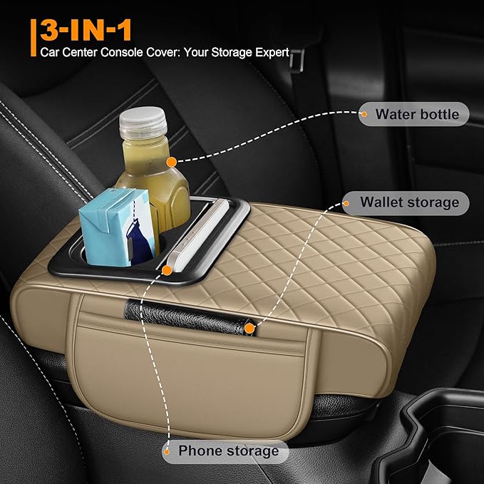 Armrest Cover for Car Fit for Jeep Grand Cherokee L - Center Console Cover with Cup Holders and 2 Storage Pockets(Beige)